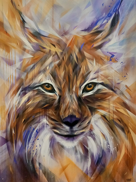 Portrait animalier d'un lynx en peinture acrylique sur toile